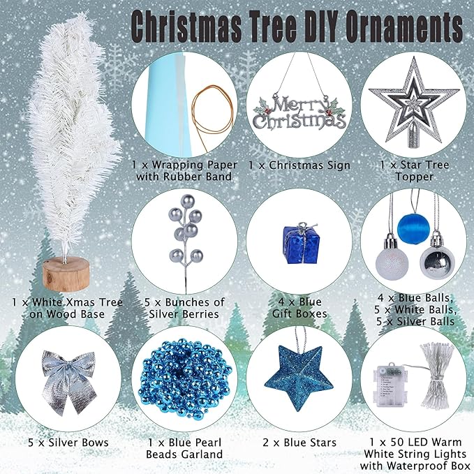 Juegoal White Mini Christmas Tree, 24 Inch/2 FT Lighted Tabletop Artificial Xmas Pine Tree, Small Spruce Tree Light Up Battery Operated & Timer with 50 LED Lights, for Holiday Winter Home Party Decor