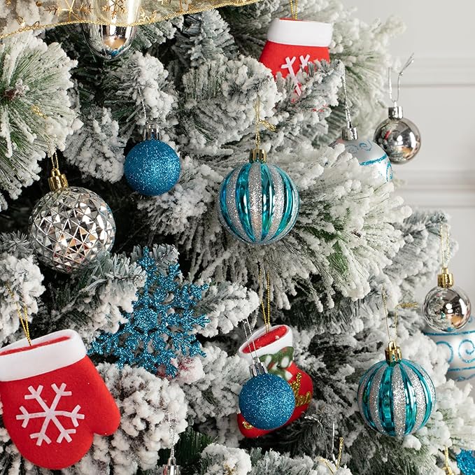 110Pcs Christmas Ball Ornaments Set, Assorted Blue and Silver Christmas Ornaments for Xmas Tree, Shatterproof Plastic Baubles Hanging Decorations for Holiday/Party/Wedding