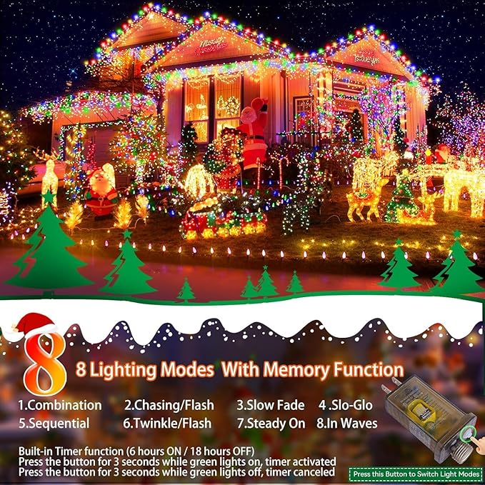 XURISEN 551FT 1400 LED Christmas Lights Outdoor Green Wire String Lights 8 Modes with Timer Memory Waterproof Fairy Light Plug in for Xmas Tree Wedding Yard Party Holiday Decorations(Red)