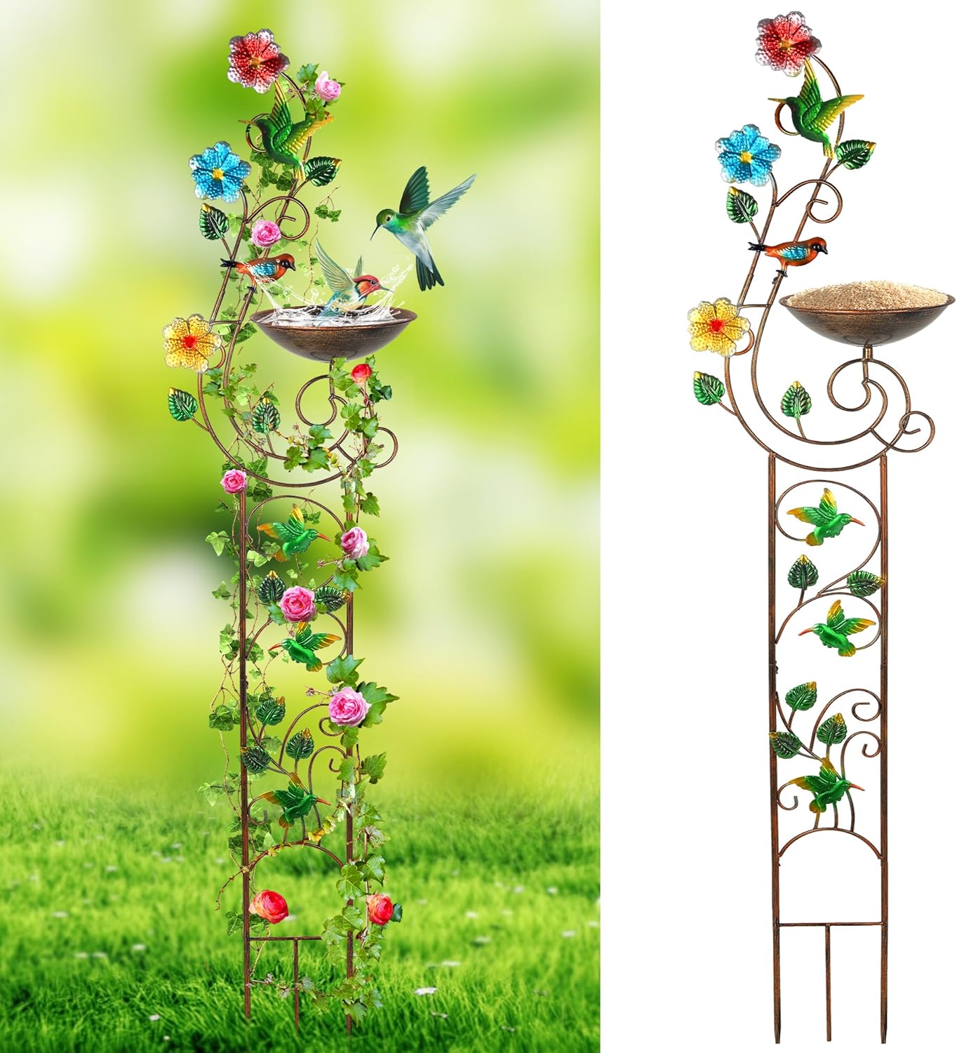 57” Bird Bath with Garden Trellis for Climbing Plants Outdoor, Small Decorative Metal Birdbath Bird Baths, Hummingbird (Hummingbird)
