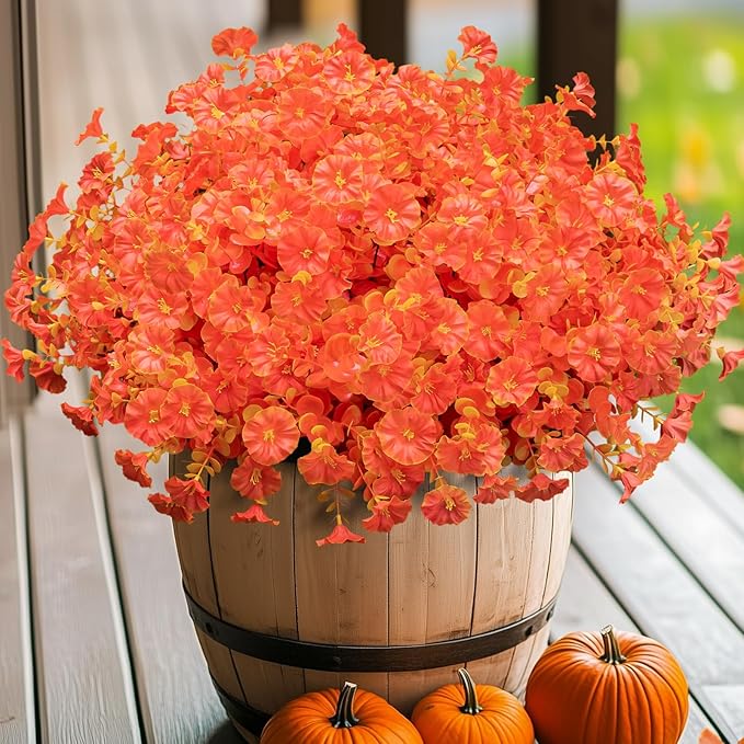 Artificial Faux Flowers for Outdoor 16 Bundles Boxwood Fake Morning Glory for Planter,UV Resistant Fake Flowers for Home Porch Patio Outside (Fall Red)