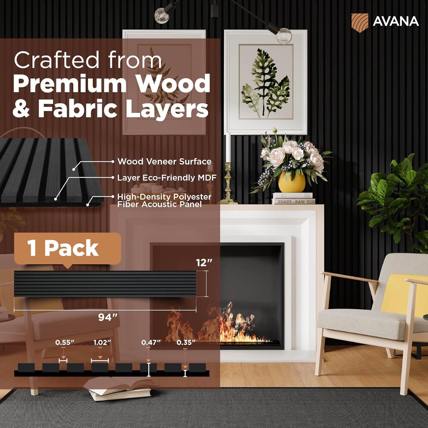 Avana Modern Acoustic Wood Wall Panels – 94.4 X 12.6 Inch Black Oak Acoustic Panels 1 PC – Wall Panels For Interior Wall Decor For Homes, Offices, Studios – Sturdy And Durable Wood Panels For Wall