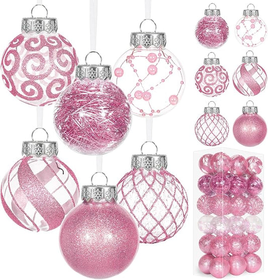 Ouddy Decor 36 Pcs Clear Christmas Ball Ornaments, 2.36" Shatterproof Pink Plastic Christmas Ornaments Set Decorative Hanging Transparent Baubles for Xmas Tree Holiday Party Decor, Pink
