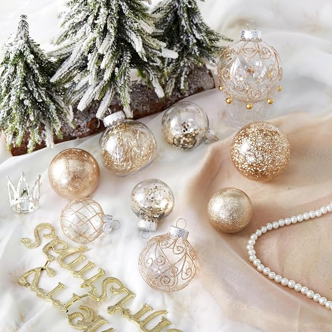 Wironlst Christmas Ball Ornaments Shatterproof Clear Large Plastic Hanging Ball Decorative Baubles Set with Stuffed Delicate Decorations (Multi-Size, Champagne)