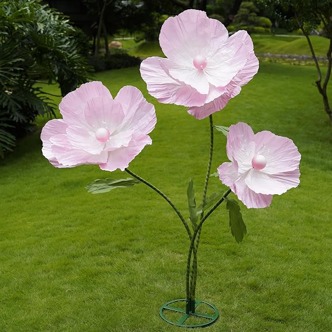 Giant Flowers for Decoration,Large Paper Flowers with Standing Stems and Base,3 pcs Artificial Flowers for Home Decor, Wedding Decorate, Photography Props, Party Banquet (Pink)