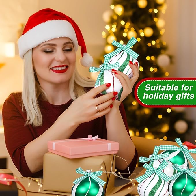 Syhood 24 Pcs Christmas Tree Ornaments, Christmas Ball Decorations Set, Shatterproof Baubles Xmas Tree Hanging Decor, Peppermint Candy Ball Red White Green Stripes Party Holiday(Cute,2.56 Inches)