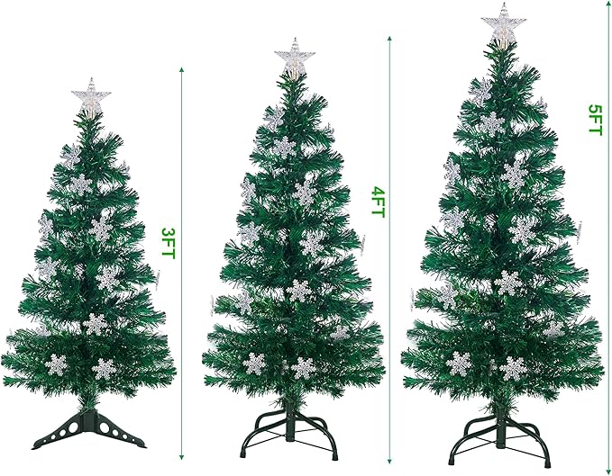 Juegoal 5 ft Pre-Lit Artificial Christmas Tree, Lighted Optical Fiber Xmas Trees with RGB Color Changing LED Lights, Snowflakes & Top Star, Festive Party Holiday Fake Multicolored Tree with Metal Legs