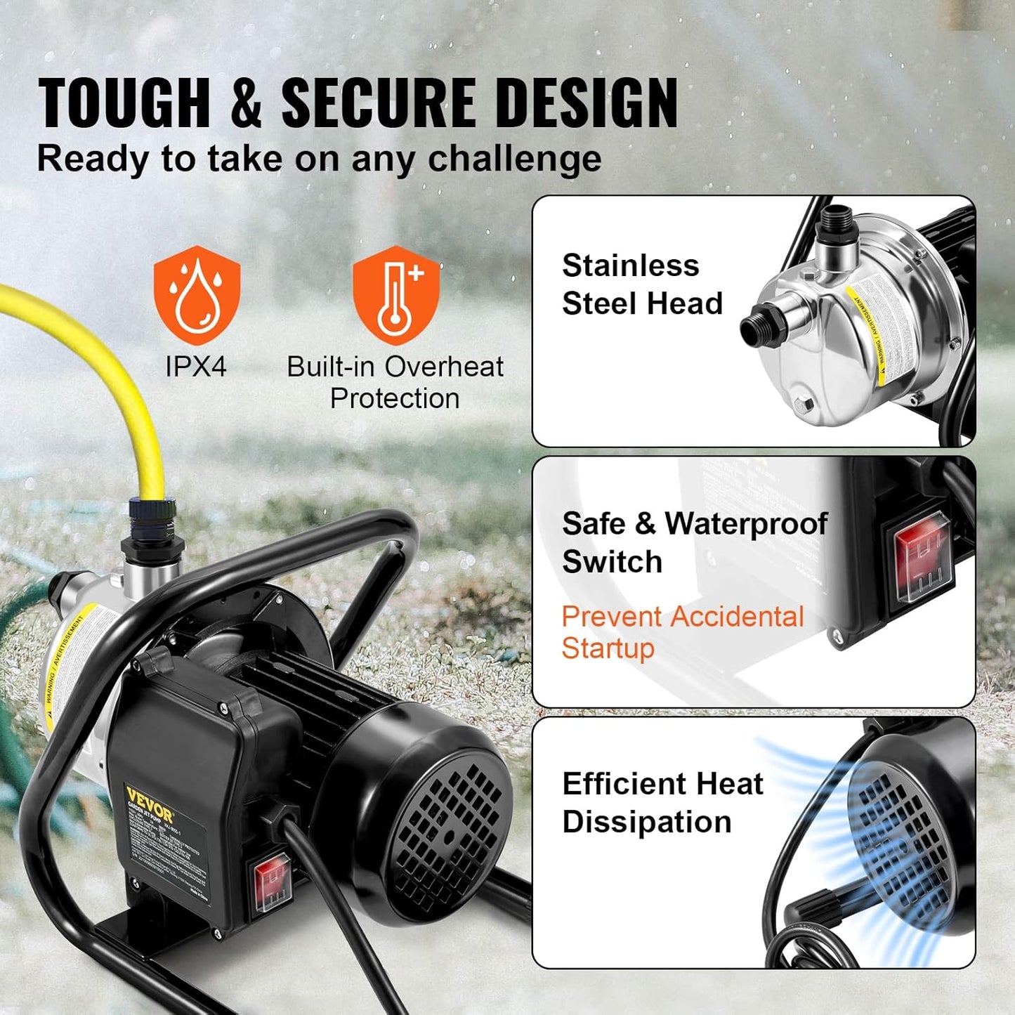 VEVOR 1.5 HP Portable Shallow Well Pump, 1200 GPH Garden Jet Pump, 115V, 164 ft Height, Stainless Steel Sprinkler Booster Pumps for Garden Lawn Irrigation system, Lake Fountain, Water Transfer