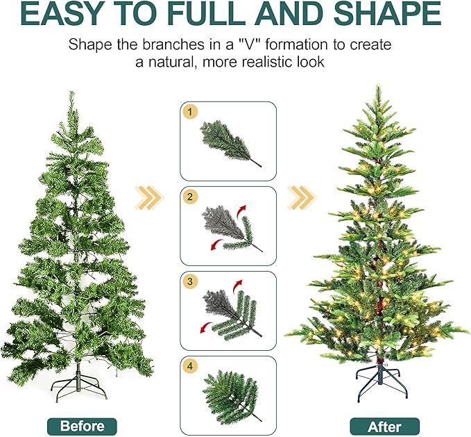 7FT Prelit Artificial Christmas Tree, Premium Douglas Fir Christmas Tree with 400 Warm White Lights & 960 Branch Tips, PE & PVC Pre Lit Hinged Xmas Trees with Metal Base for Party, Holiday Decoration