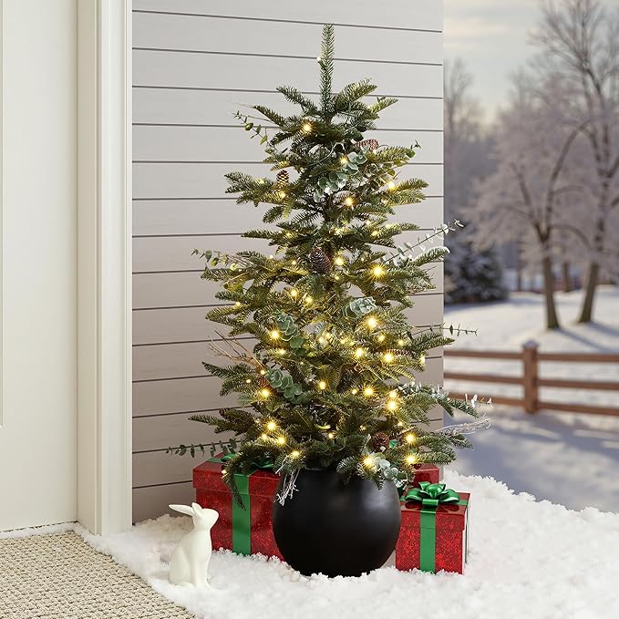 LuxenHome 4FT Small Christmas Tree, Slim Potted Christmas Trees with 100 Warm White LED Lights, Artificial Pine Tree with Pine Cone and Black Round Base, Faux Tree for Holiday Decorations