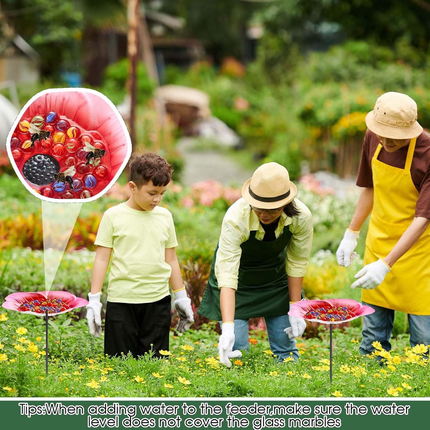 Tandefio Vivid Flower Bee Watering Station Metal Butterfly Water Feeder Cup with 30 Colorful Glass Marbles Bee Feeder Butterfly Bath Bowl for Garden Outdoor Yard Decors(Pink,Flower)