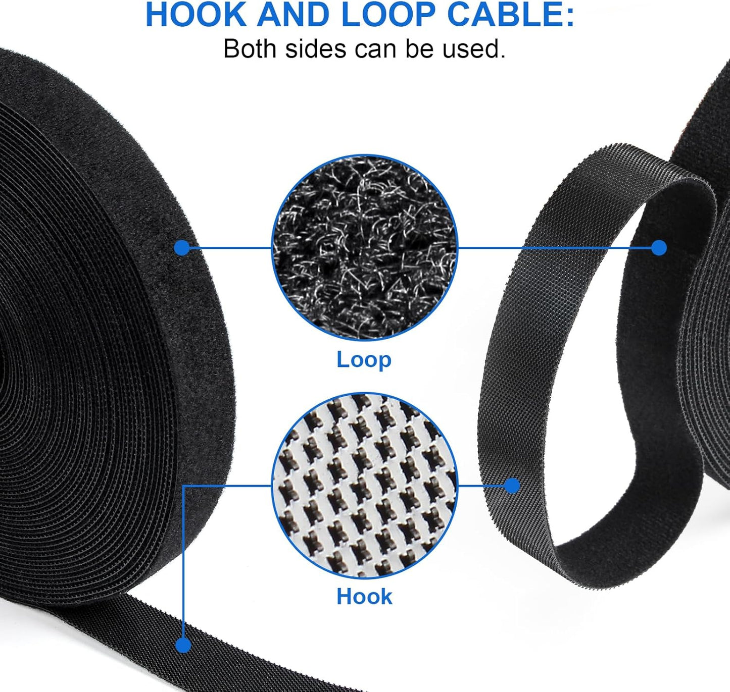 OneLeaf Hook and Loop Roll Reusable Fastening Cable Ties, 20ft x 1inch Black Heavy Duty Cord Organizer Straps, Free Cutting Multi-Purpose Cable Management Tape for Home and Office