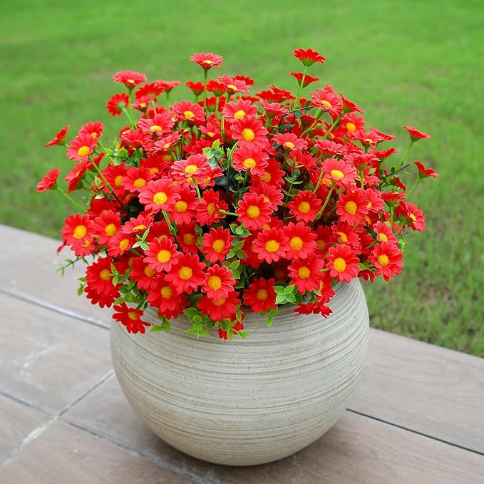 Burgundy Fake Flowers Outdoor 8 Bundles Red Artificial Daisy Plants Outside for Yard Front Porch Planter Decor (8 Bundles Red)