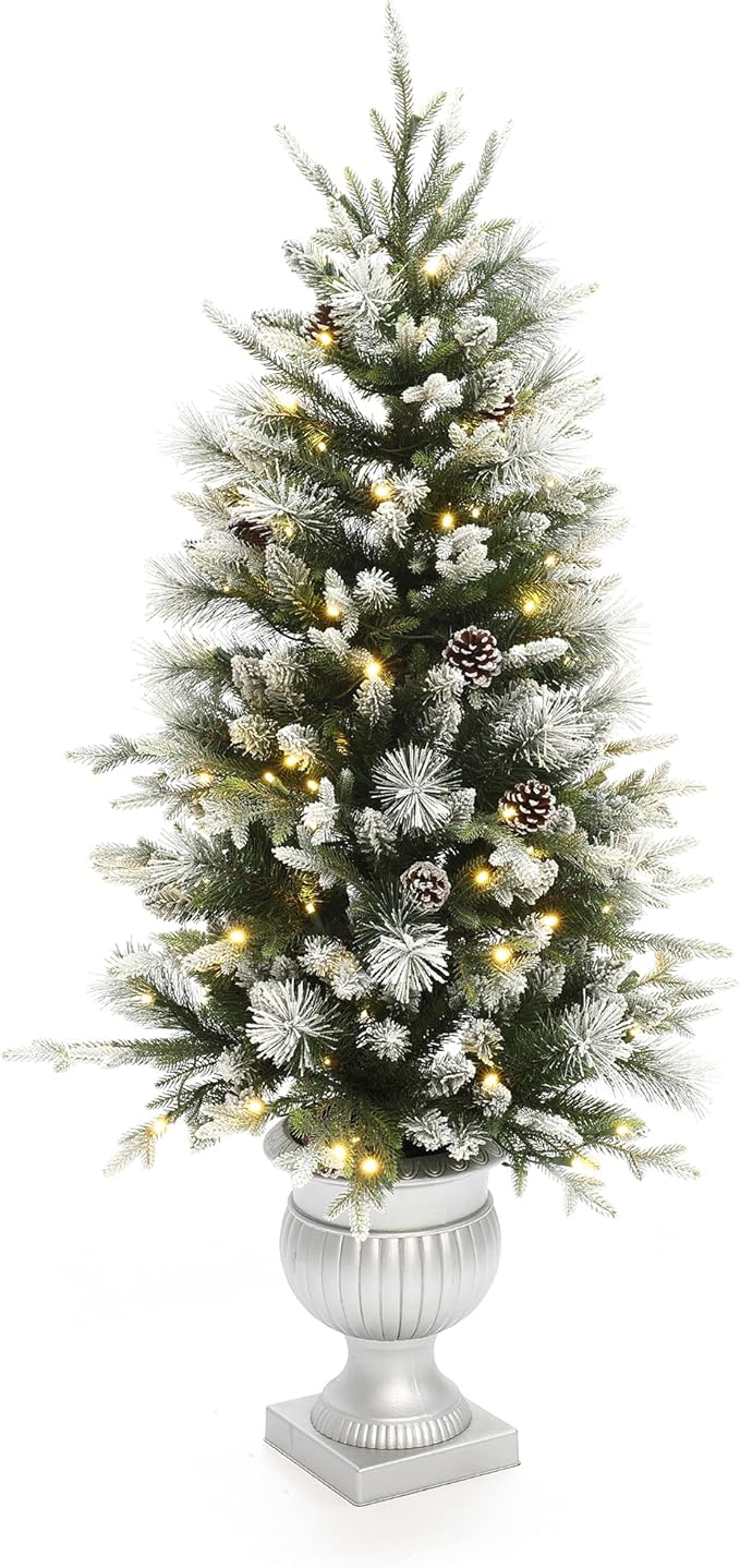 LuxenHome 4.5FT Potted Christmas Tree, Small Flocked Christmas Tree Prelit with 100 LED Lights and Pinecones, Lighted Pencil Artificial Christmas Trees with Urn Style Planter Pot for Indoor, Outdoor