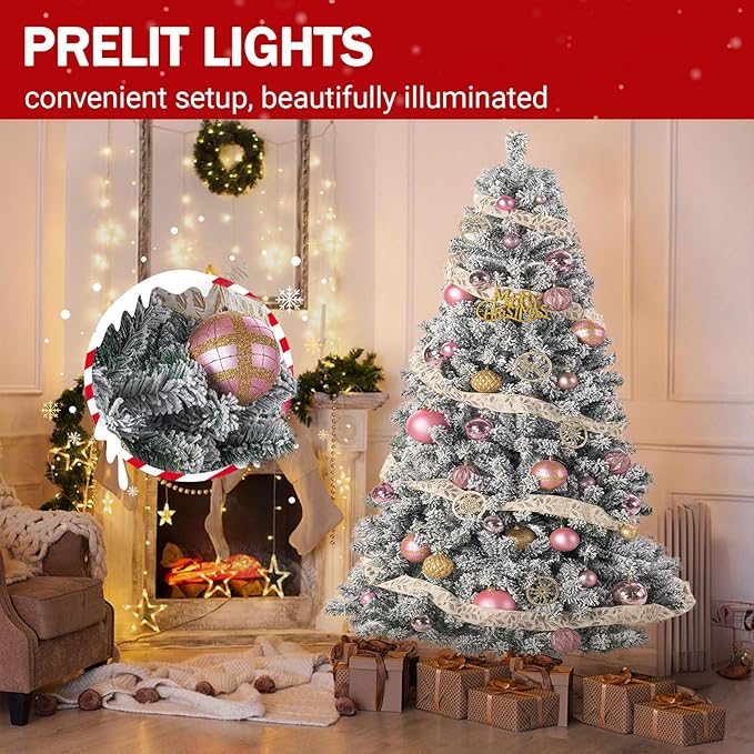 7FT Green Artificial Christmas Tree with 1200 Realistic Branch, Flocked Full Xmas Tree with Foldable Stand, Easy Assembly Hinged Pine Tree for Home, Shop, Office, Party Holiday Decoration