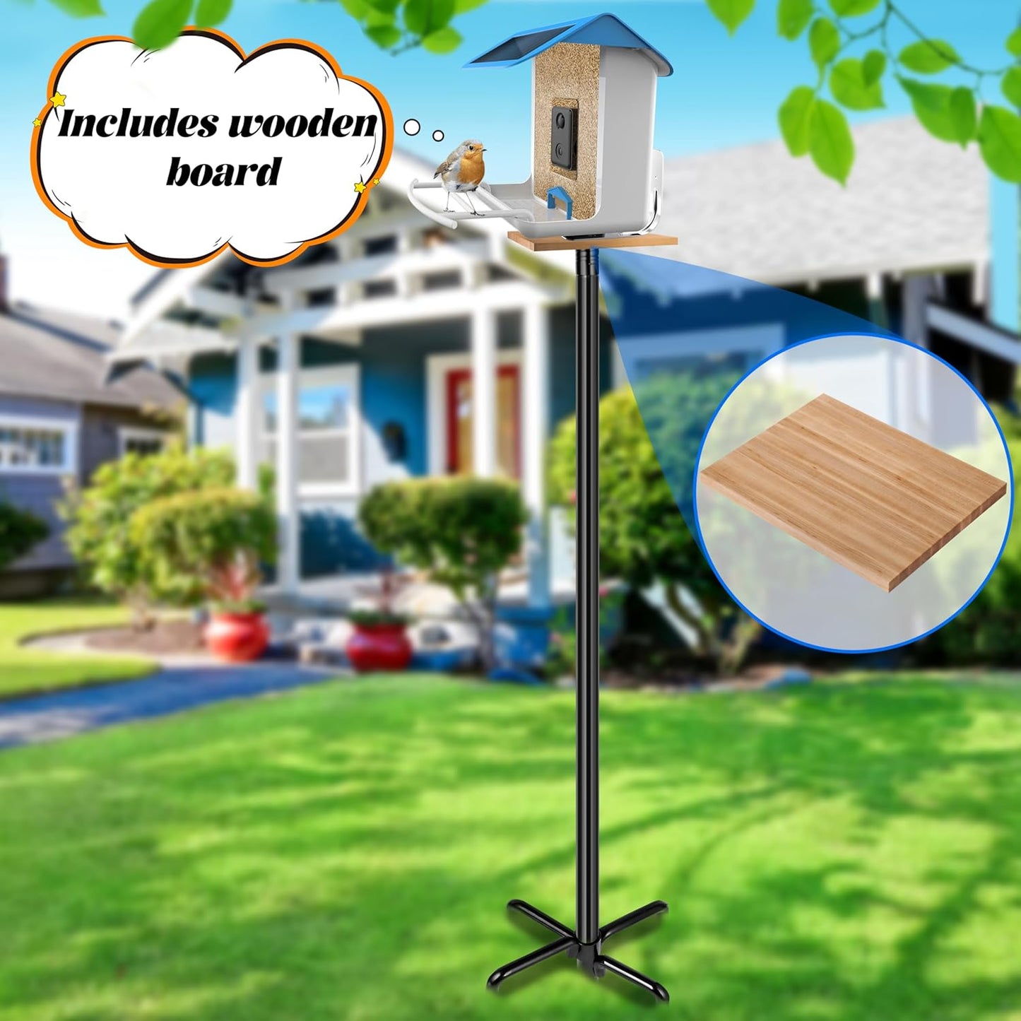 Ottsuls Bird Feeder Pole, 76 Inch Heavy Duty Bird House Pole Kit for Outdoors, with Wooden Board, 5-Prong Base Feeding Station for Wild Birds Watching, Adjustable Feeder Stand (House Not Included)