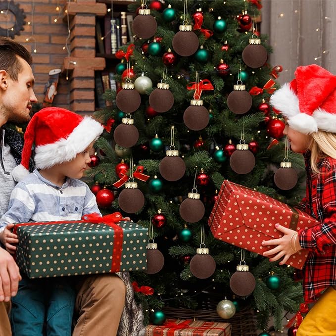 12 Pcs Velvet Christmas Balls Flocked Christmas Tree Hanging Ornaments Shatterproof Plastic Hanging Balls Decorations for Xmas Tree Party Home Holiday Decor (Brown, 3.15 inch)