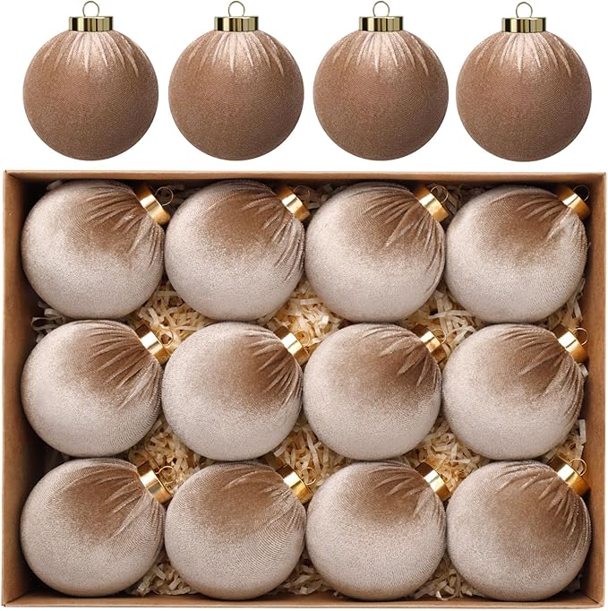24 Pack Brown Christmas Ornaments Set, 12 Pcs 3.15 Inch Velvet Christmas Balls Shatterproof Flocked Hanging Balls Bulkand 12 Pcs Velvet Bows for Xmas Tree Garland Wreath Party Home Decor