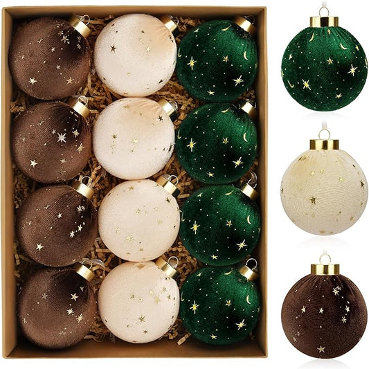 Christmas Tree Ornaments Velvet Balls - 12 Pcs Shatterproof Christmas Tree Hanging Bulbs Decorations Set for Holiday Party Xmas - Multicolor Green Brown Neutral - 3.15 Inch (80mm)