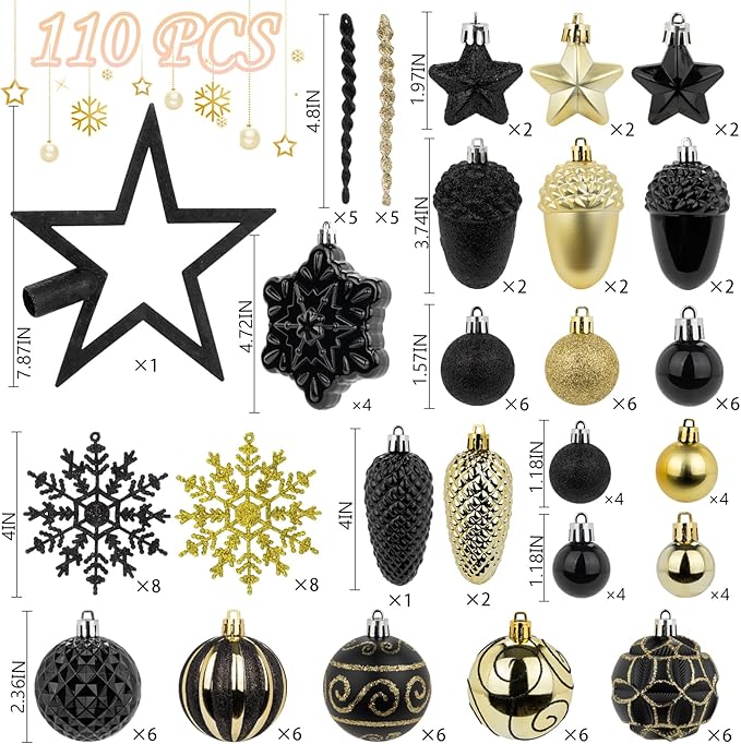 Black & Gold 110Pcs Christmas Ball Ornaments Set, Assorted Christmas Ornaments for Xmas Tree, Shatterproof Plastic Baubles Hanging Decorations for Holiday/Party/Wedding