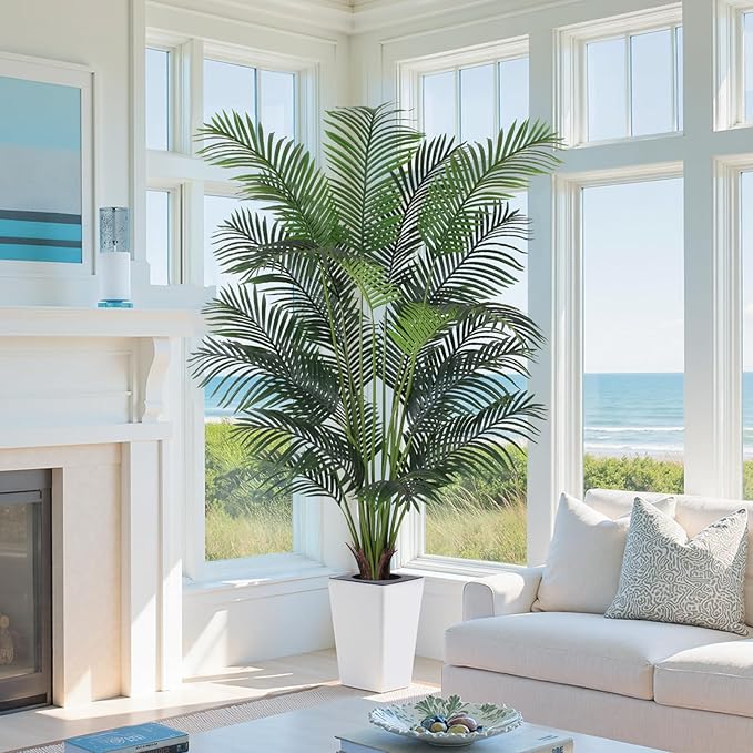 Artificial Palm Tree with White Tall Planter, 7ft Tall Potted Artificial Silk Palm Tree Plant, Fake Tropical Plant, Home Office Floor Room Decor Plants Indoor Outdoor, Housewarming Gift