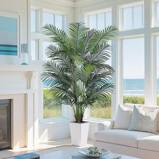 Artificial Palm Tree with White Tall Planter, 7ft Tall Potted Artificial Silk Palm Tree Plant, Fake Tropical Plant, Home Office Floor Room Decor Plants Indoor Outdoor, Housewarming Gift