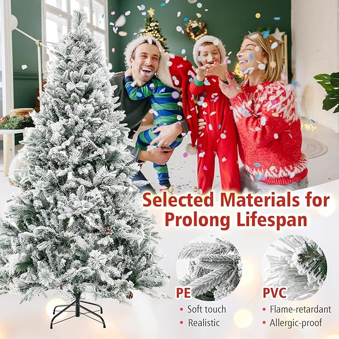 HAPPYGRILL 7 FT Pre-lit Artificial Christmas Tree, Snow-Flocked Xmas Tree with 320 Multi-Color LED Lights, 8 Lighting Modes, 1270 Branch Tips, Pine Needles, Hinged Tree for Home Office Party