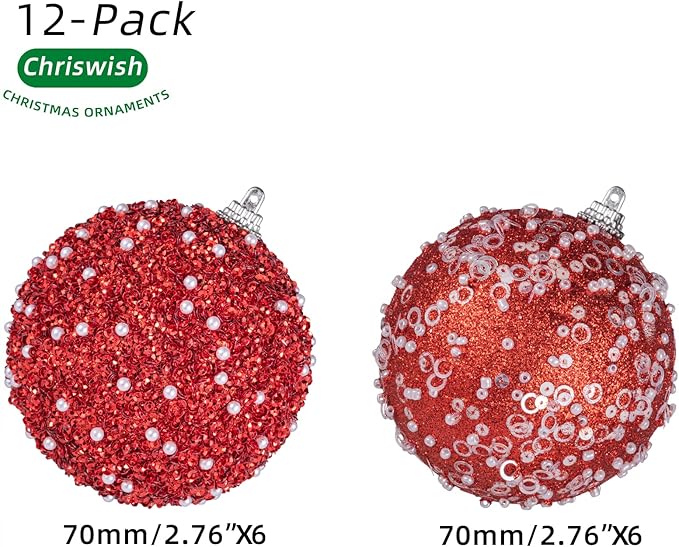 12CT Christmas Ball Ornaments, Red Christmas Ball Decorations Shatterproof Plastic Hanging Pearl Balls for Holiday Party(70mm/2.76")