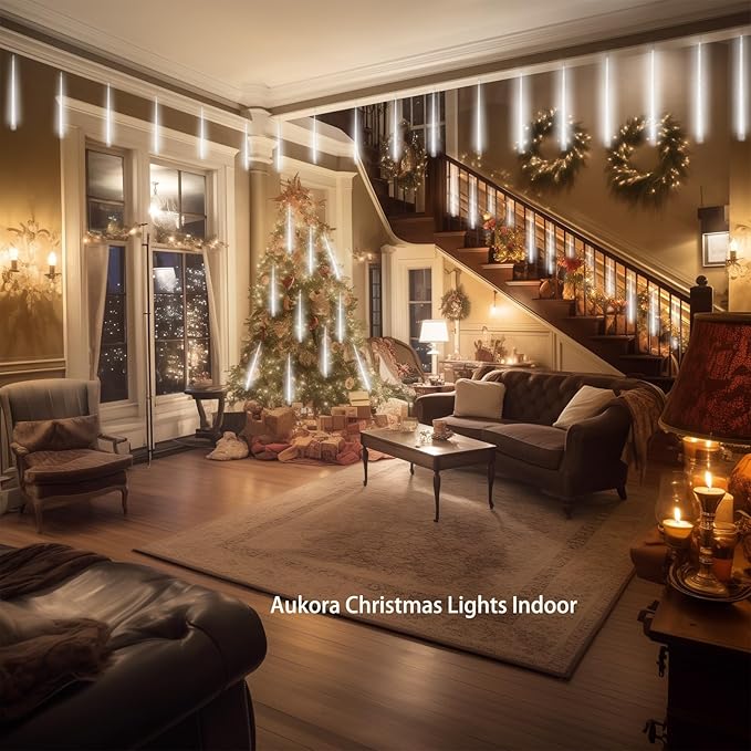 Aukora White Christmas Lights Outdoor, UL Plug 24 Tubes 576 LEDs Meteor Shower Light, Tandemable Icicle Snow Falling Rain Light for Xmas Tree Halloween Decorations Wedding Party Holiday Garden Decor