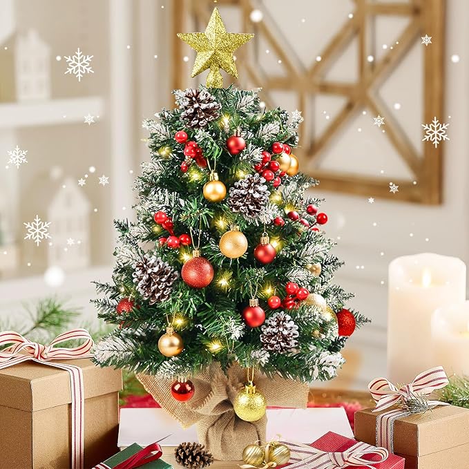 Mini Christmas Tree with Lights, 24 Inch Tabletop Christmas Tree with Berries Star Treetop Ornaments Balls Artificial Small XMS Tree for Table Desk Home Christmas Holiday Decor