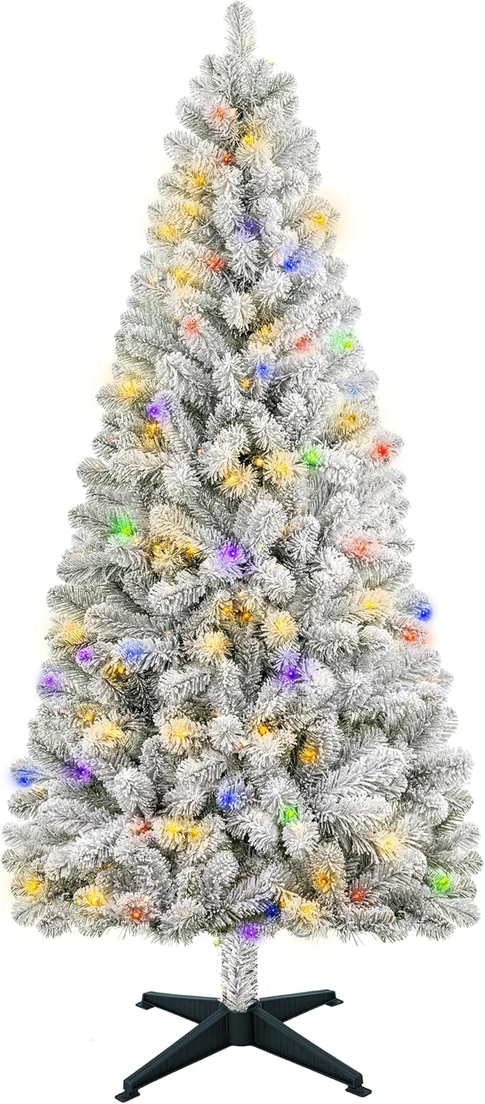 6.5ft White Flocked Christmas Tree with Lights – Pre Lit Flocked Christmas Tree with 250 Multi-Color LEDs, 600 Tips, Pedal Control, Hinged Full Flocked Tree with Plastic Stand