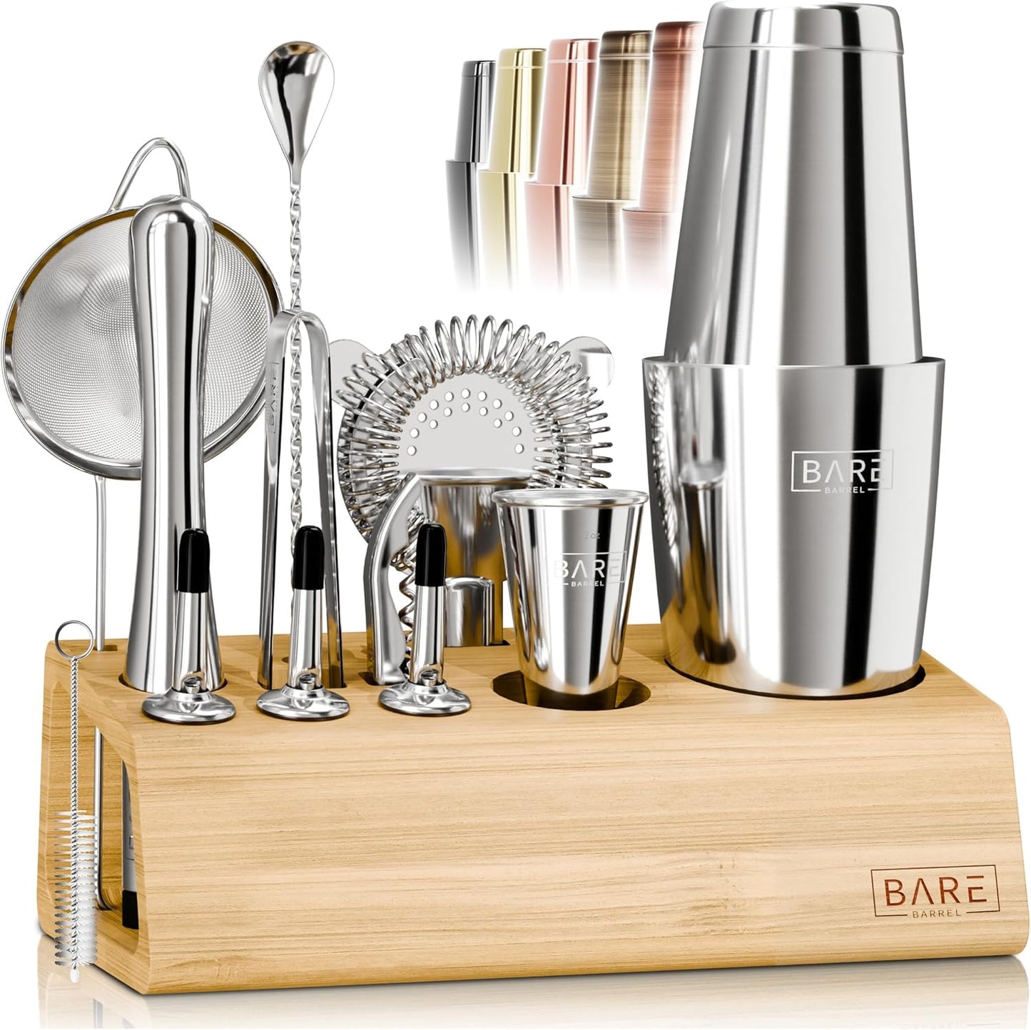 BARE BARREL® Mixology Bartender Kit Bar Set | 14-Piece Cocktail Shaker Set | Martini Barware Mixing Tools for Home Bartending | Incl. 35 Recipe Cards | Gift Set (28oz Boston Shaker, Silver/Natural)