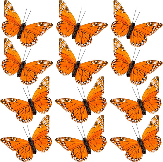 Cartanfill-Monarch Butterfly Decorations, 12PCS Feather Butterfly Decorations Set with Clip for Wedding Party Home Decor