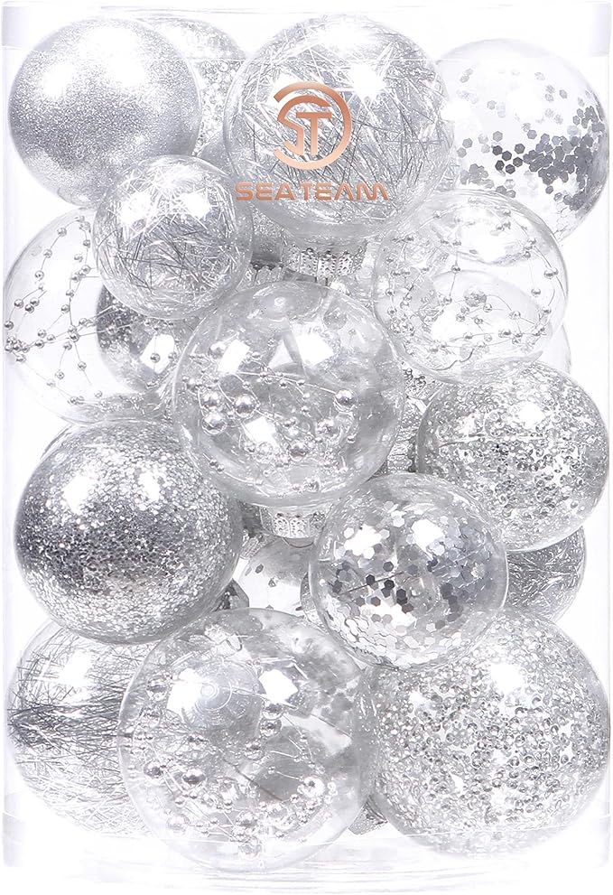 Sea Team Christmas Baubles Set Clear Plastic Shatterproof Multi-Size Decorative Christmas Baubles with Stuffed Delicate Decorations (25 Pieces, Silver)