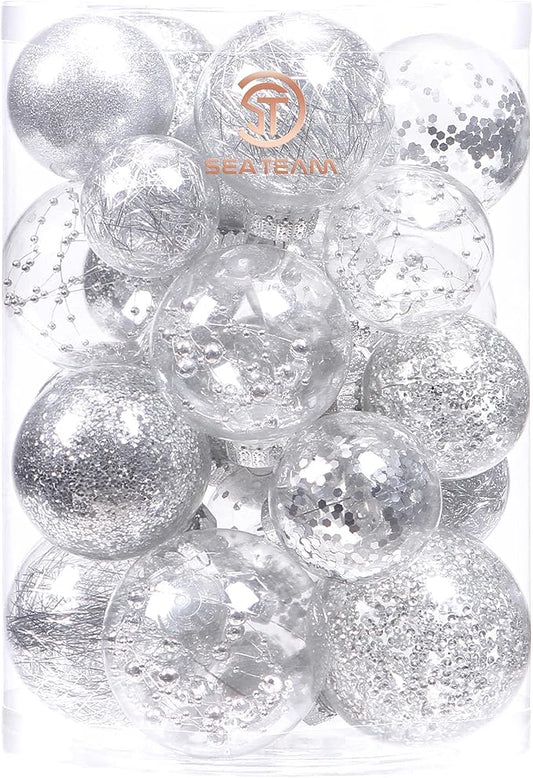 Sea Team Christmas Baubles Set Clear Plastic Shatterproof Multi-Size Decorative Christmas Baubles with Stuffed Delicate Decorations (25 Pieces, Silver)