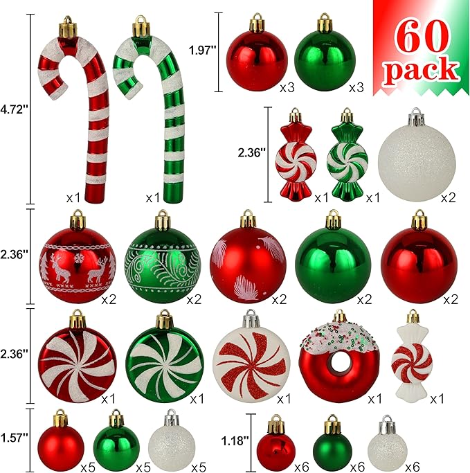 Christmas Tree Ornaments, Green Red White Christmas Ball Ornaments Set of 60 Pack Shatterproof Plastic Xmas Decorations for Home Party Tree
