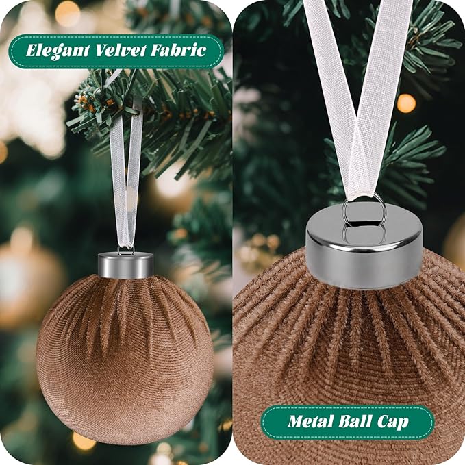9 Pcs Christmas Tree Ornaments Set, 80mm/3.15in Large Velvet Christmas Balls for Xmas Tree Decorations Shatterproof Hanging Flocked Balls Ornaments Brown