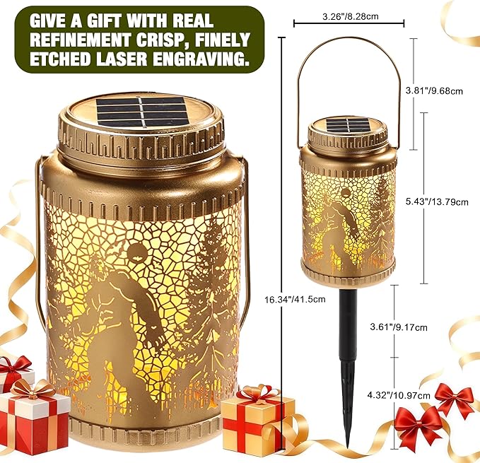 Cooo 2 Pack Solar Lanterns Outdoor Waterproof Bigfoot Sasquatch Christmas Trees Solar Pathway Lights Landscape Path Christmas Gifts for Women Mom Grandma for Outdoor Table Lamps Garden Yard Decor-Gold