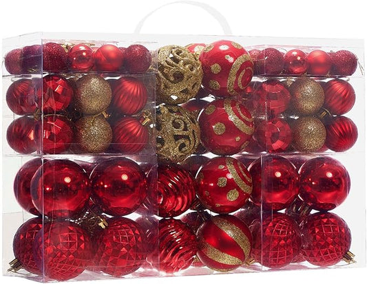 100PCS Christmas Ball Ornaments, Assorted Shatterproof Christmas Tree Decorations, Seasonal Decorative Hanging Baubles Decor Set for Xmas/Holiday/Party, Glitter&Painting Ornament Set (Red Gold)