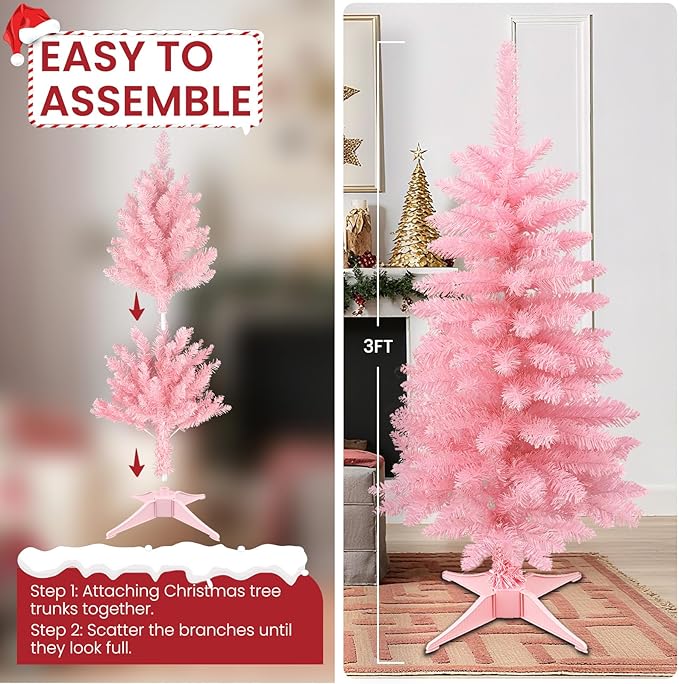 3FT Tabletop Mini Christmas Tree, Artificial Small Christmas Tree for Home, Desk, Office, and Xmas Party Holiday Décor, Easy Assembly, Pink