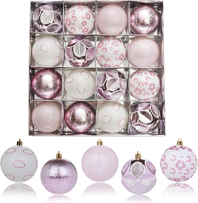 16CT Leopard Christmas Ornaments,Shatterproof Pink and White Christmas Decorations, Lage Baubles Ornaments Hanging Decor for Xmas Tree Home Party Festivals (80MM/3.15'')
