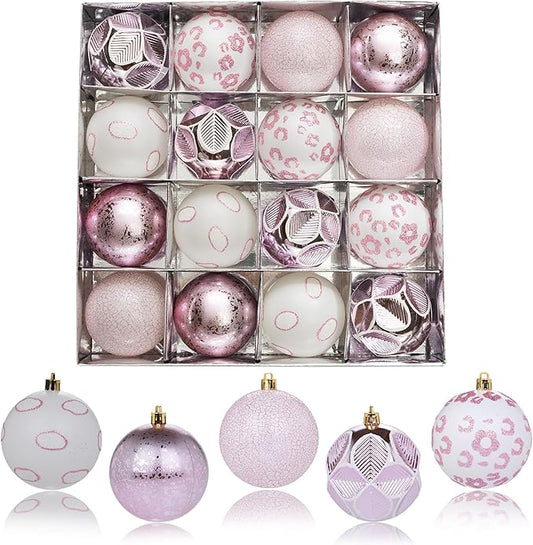 16CT Leopard Christmas Ornaments,Shatterproof Pink and White Christmas Decorations, Lage Baubles Ornaments Hanging Decor for Xmas Tree Home Party Festivals (80MM/3.15'')