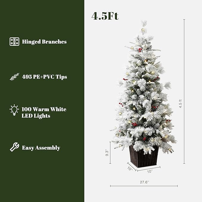 LuxenHome 4.5FT Small Potted Christmas Tree, Prelit Flocked Christmas Tree with 100 LED Lights and Artificial Trees with Red Berries, Lighted Pine Trees for Indoor, Outdoor Holiday Display