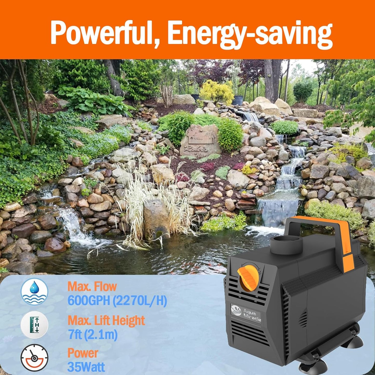 AquaMiracle 600GPH Aquarium Water Pumps (2270L/H, 35W) Fountain Pump Pond Pump Submersible Water Pump with Flow Control for Fountain, Waterfall, Statuary, Filtration, Water feature, Hydroponics