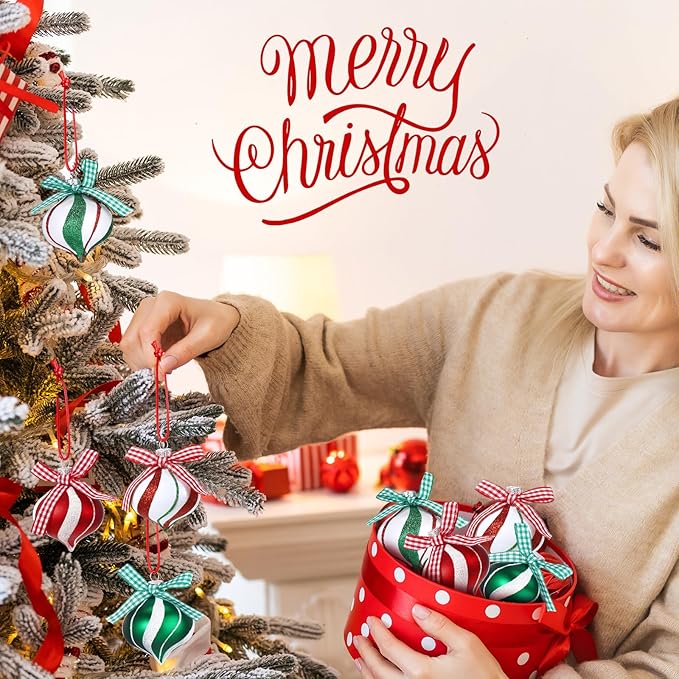 Syhood 24 Pcs Christmas Tree Ornaments, Christmas Ball Decorations Set, Shatterproof Baubles Xmas Tree Hanging Decor, Peppermint Candy Ball Red White Green Stripes Party Holiday(Bright,2.36 Inches)