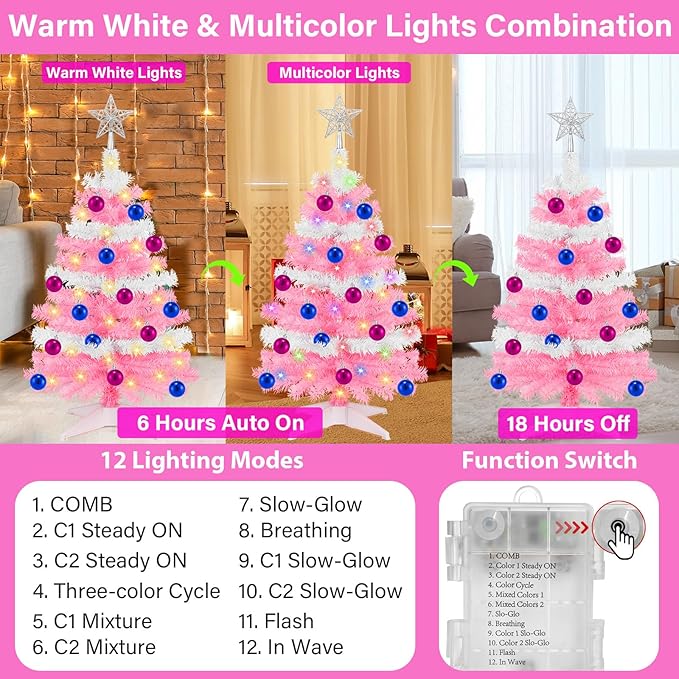 [ Timer & 12 Modes ] 3 Ft Pink & White Valentines Christmas Tree with 50 Warm White&Color Lights 20 Ball Ornaments 3D Star Battery Operated Remote Small Valentines Tree Valentines Day Decorations