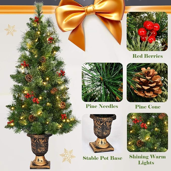GOFLAME 5ft Prelit Pathway Christmas Tree with 100 LED Lights, Artificial Christmas Tree with Metal Stand, 260 Branch Tips, Pine Cones and Red Berries, Entrance Tree for Indoor and Outdoor Decoration