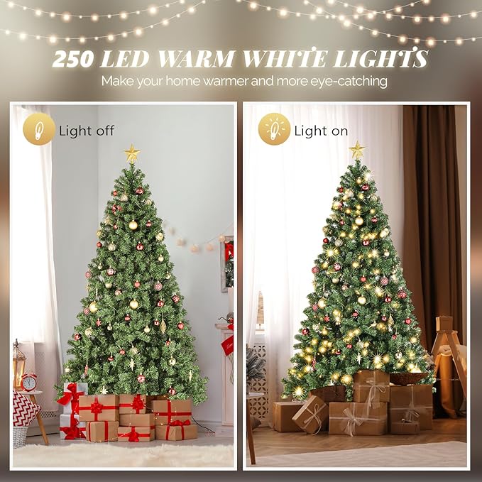 VINGLI 6ft Prelit Artificial Christmas Pine Tree with 250 Warm White Lights, Xmas Tree Holiday Party Decorations with Stabilized Metal Stand, Full 900 Tips Branch, 8 Color Modes, Green
