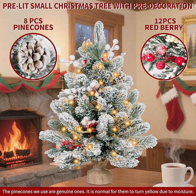 ININ 2FT Pre-lit Mini Christmas Snow Flocked Tree,Tabletop Artificial Christmas Tree with LED Lights, Small Xmas Pine Tree with Cloth Bag Base for Christmas Decor,12 Clusters Berry & 8 Pinecones