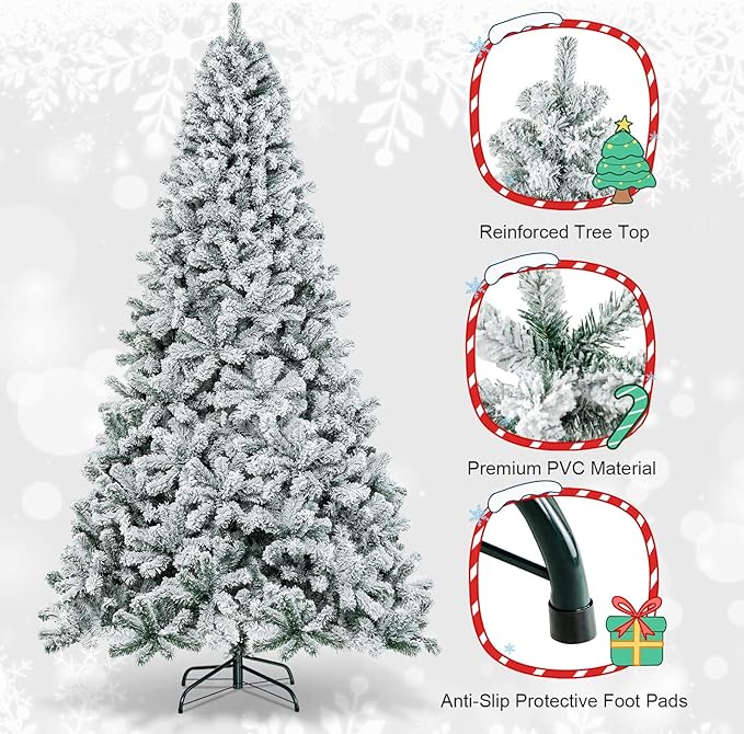 HAPPYGRILL 9 FT Flocked Christmas Tree Artificial Xmas Tree with 1498 PVC Branch Tips, Hinged Xmas Tree Life-Like Seasonal Holiday Tree for Home Office